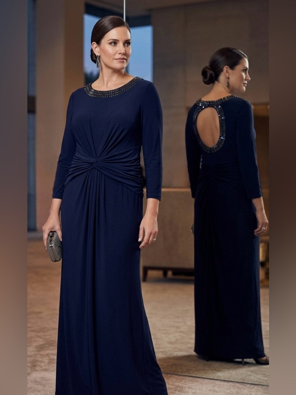 Adrianna Papell Navy Beaded Embellished Neck Gown Twist Waist Keyhole Back 14